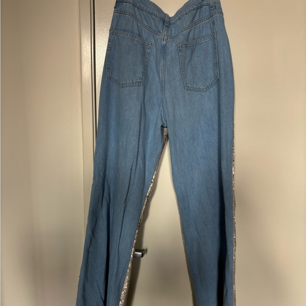 Pilcro anthropologie Wide-Leg Jeans in Light Blue and Beige sequinned Panels 30 - Picture 5 of 13